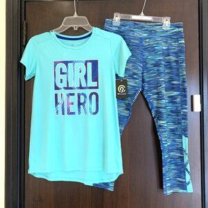 NWT Champion Girls Active Set Size 14-16 Blue Crop Legging Graphic Tee